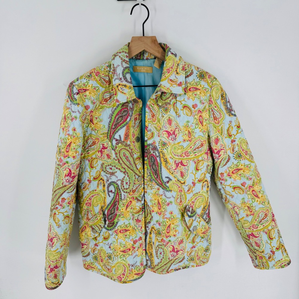 Kate Hill Quilted Jacket Pastel Paisley Size PM Boho Eclectic Artsy Grandma